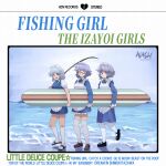  3girls :d aika_(cookie) album_cover_redraw apron bangs beach black_footwear blue_dress blue_eyes bow braid brown_footwear closed_mouth commentary_request cookie_(touhou) derivative_work dress eyebrows_visible_through_hair fishing_rod frilled_apron frilled_dress frills fuka_(kantoku) full_body genpatsu_(cookie) glasses green_bow grey_hair grin hair_between_eyes hair_bow highres holding holding_fishing_rod holding_surfboard izayoi_sakuya kneehighs little_deuce_coupe looking_at_viewer maid maid_headdress multiple_girls ocean open_mouth red-framed_eyewear ryuuga_(cookie) sandals semi-rimless_eyewear shoes short_hair smile surfboard the_beach_boys touhou tsurikichi_obasan twin_braids under-rim_eyewear walking water white_apron white_legwear 