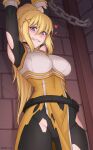  1girl arms_up artist_name bangs bdsm belt black_belt blonde_hair blue_eyes blush bodysuit bound braid breasts chain commentary cowboy_shot darkness_(konosuba) dress fangs grin groin hair_ornament heart heart-shaped_pupils highres indoors kono_subarashii_sekai_ni_shukufuku_wo! large_breasts long_hair looking_at_viewer orange_dress ponytail shellvi smile solo stone_wall sweatdrop symbol-shaped_pupils tearing_up teeth torn_bodysuit torn_clothes torn_dress wall x_hair_ornament 