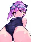  1girl bare_shoulders breasts closed_mouth fate/grand_order fate_(series) goggles goggles_on_head hair_ornament helena_blavatsky_(fate) karukan_(monjya) looking_at_viewer lowres one-piece_swimsuit purple_eyes purple_hair short_hair simple_background small_breasts smile solo swimsuit white_background 