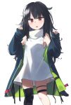  1girl :o black_hair blue_jacket blush c-ms_(girls&#039;_frontline) eyebrows_visible_through_hair girls&#039;_frontline highres hinami047 jacket long_hair looking_at_viewer mole mole_under_eye multicolored multicolored_clothes multicolored_jacket open_clothes open_jacket open_mouth red_eyes shirt solo standing white_background white_shirt 