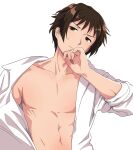  1boy brown_eyes brown_hair closed_mouth collarbone collared_shirt commentary_request hand_up head_tilt hotaru_iori ichimi_renge kyon linea_alba looking_at_viewer male_focus navel no_nipples open_clothes open_shirt pectorals second-party_source shirt short_hair simple_background sleeves_rolled_up solo suzumiya_haruhi_no_yuuutsu sweatdrop toned toned_male upper_body white_background white_shirt 