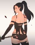  1girl ass black_hair black_legwear cosplay cowboy_shot earrings elezen elf final_fantasy final_fantasy_xiv from_behind highres hilda_ware holding holding_sword holding_weapon jewelry joints koyorin long_hair looking_at_viewer looking_back nier_(series) nier_automata pointy_ears ponytail red_eyes revision robot_joints short_shorts shorts solo sword thighhighs weapon white_background yorha_type_a_no._2 yorha_type_a_no._2_(cosplay) 
