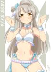  1girl absurdres ahoge bangs bikini birthday breasts bunji collarbone commentary dated eyebrows_visible_through_hair grey_hair highres long_hair looking_at_viewer love_live! love_live!_school_idol_project minami_kotori one_side_up shiny shiny_hair shiny_skin sidelocks signature small_breasts smile solo swimsuit yellow_eyes 