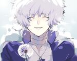  1boy bowl_cut closed_eyes cloud cloudy_sky collared_jacket dandelion eyes_visible_through_hair flower jacket jewelry kageyama_ranmaru kimi_ga_shine md5_mismatch necklace open_mouth resolution_mismatch short_hair shuriken signature sky smile solo source_larger teeth toma_3638 weapon white_hair 