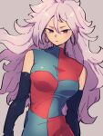  1girl android_21 breasts checkered checkered_dress dragon_ball dragon_ball_fighterz dress earrings grey_background hair_between_eyes hoop_earrings jewelry kemachiku long_hair looking_at_viewer majin_android_21 medium_breasts pink_eyes pink_hair red_eyes simple_background solo 
