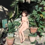  1girl arm_support barefoot breasts brown_eyes brown_hair collarbone commentary_request completely_nude day eyebrows_visible_through_hair full_body highres kai-o looking_at_viewer navel nipples nude original outdoors parted_lips plant potted_plant public_nudity shadow short_hair sitting small_breasts solo stairs toes 