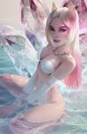  1girl ahri animal_ears bikini blonde_hair blue_eyes breasts chain crystal_tail detached_sleeves facial_mark fox_ears fox_tail gradient_hair highres jewelry k/da_(league_of_legends) k/da_ahri kneeling league_of_legends long_hair looking_at_viewer medium_breasts multicolored_hair necklace olesyaspitz solo strapless strapless_bikini swimsuit tail water whisker_markings white_bikini 