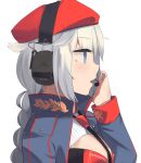  +_+ 1girl beret black_neckwear blue_eyes blue_jacket braid braided_ponytail breasts eyebrows_visible_through_hair flower-shaped_pupils from_side girls&#039;_frontline grey_hair hand_on_headset hat headphones headset highres hinami047 jacket long_hair looking_away looking_to_the_side medium_breasts necktie open_mouth ots-12_(girls&#039;_frontline) red_headwear sidelocks silver_hair solo star-shaped_pupils star_(symbol) symbol-shaped_pupils upper_body white_background 