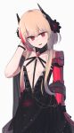  1girl bare_shoulders black_dress blonde_hair breasts dress dress_flower eyebrows_visible_through_hair flower girls&#039;_frontline hair_flower hair_ornament hand_in_hair highres hinami047 holding holding_clothes holding_dress long_hair looking_at_viewer m4_sopmod_ii_(girls&#039;_frontline) mechanical_arms multicolored_hair open_mouth red_eyes single_mechanical_arm small_breasts solo standing white_background 