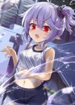  1girl akisome_hatsuka alternate_costume bat_wings blue_shorts blush casual looking_at_another outdoors pool purple_hair red_eyes remilia_scarlet shirt short_shorts shorts solo touhou water wet wet_clothes wet_shirt white_shirt wings 