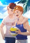  2boys antweiyi artist_name ball blue_tank_top brown_eyes brown_hair cloud day eyewear_on_head haikyuu!! hinata_shouyou holding holding_ball looking_at_another male_focus multiple_boys oikawa_tooru_(haikyuu!!) one_eye_closed open_mouth orange_hair outdoors shirt short_hair sky smile sunglasses tank_top teeth v white_shirt 