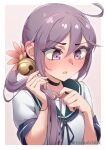  1girl absurdres akebono_(kancolle) bell breasts flower hair_bell hair_flower hair_ornament highres jingle_bell kantai_collection long_hair namaata playing_with_own_hair purple_eyes purple_hair school_uniform serafuku short_sleeves side_ponytail small_breasts solo upper_body very_long_hair 