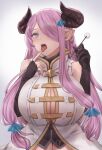  blue_eyes breasts cleavage demon_girl finger_to_mouth granblue_fantasy halterneck highres horns large_breasts licking licking_finger looking_at_viewer moshoko_(mizuneroku) narmaya_(granblue_fantasy) naughty_face pink_hair pointy_ears tongue tongue_out 