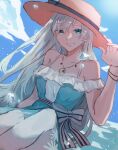  1girl anastasia_(fate) anastasia_(swimsuit_archer)_(fate) bangs bare_shoulders blue_dress blue_eyes blue_sky blush bracelet breasts collarbone dress earrings fate/grand_order fate_(series) grin hair_over_one_eye hairband hat highres ice jewelry kanikama_jan large_breasts long_hair looking_at_viewer necklace pendant see-through_skirt silver_hair skirt sky smile solo straw_hat very_long_hair 