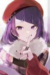  absurdres bangs bigomaru close-up ear_piercing finger_to_mouth fur_collar hat highres idolmaster idolmaster_shiny_colors jewelry piercing purple_eyes purple_hair ring scarf sweater tanaka_mamimi 