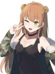  1girl black_choker black_shirt bow breasts brown_hair camouflage camouflage_jacket choker cleavage double_bun eyebrows_visible_through_hair fur-trimmed_jacket fur_trim girls&#039;_frontline green_eyes hair_bow hair_ornament hairclip highres hinami047 jacket jacket_pull light_brown_hair long_hair looking_at_viewer medium_breasts one_eye_closed open_clothes open_jacket open_mouth rfb_(girls&#039;_frontline) shirt smile solo v white_background 