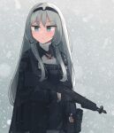  1girl an-94 an-94_(girls&#039;_frontline) aqua_eyes assault_rifle black_gloves closed_mouth eyebrows_visible_through_hair feet_out_of_frame girls&#039;_frontline gloves gun hair_ornament hairband hairclip highres hinami047 holding holding_weapon long_hair looking_at_viewer platinum_blonde_hair rifle snowflake_background snowflakes solo standing uniform weapon 