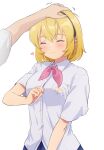  1girl absurdres blonde_hair blush closed_mouth fang hairband hand_on_another&#039;s_head headpat highres higurashi_no_naku_koro_ni houjou_satoko murara out_of_frame pink_ribbon purple_eyes ribbon school_uniform short_hair short_sleeves smile solo_focus st._lucia_academy_school_uniform white_background 