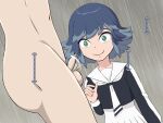  1boy 1girl blue_hair clothed_female_nude_male green_eyes highres himekawa_fubuki humiliation nude penis small_penis small_penis_humiliation translation_request youkai_watch 