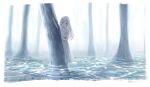  1girl albino bangs bare_shoulders blush border commentary dress fog highres kumagaya_nono long_hair original peeking_out red_eyes reflection reflective_water scenery tree water white_border white_dress white_hair 