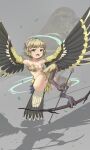  1girl animal animal_background animal_feet arrow_(projectile) bird bird_legs bird_tail black_feathers black_wings blonde_hair bow_(weapon) breasts commentary_request creature_and_personification eyebrows_visible_through_hair foot_hold harpy highres holding holding_arrow holding_bow_(weapon) holding_weapon monster_girl multicolored multicolored_wings open_mouth original shadow short_hair small_breasts solo tail tail_feathers talons weapon winged_arms wings xiao_xiao_tian yellow_eyes yellow_feathers 