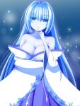  1girl bangs bare_shoulders blue_eyes blue_hair blue_skin blurry blurry_background breasts cleavage colored_skin eyebrows_visible_through_hair hand_up long_hair looking_at_viewer monster_girl original outdoors pale_skin rethnick snowflake_print solo standing yuki_onna 