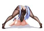  1girl absurdres ahoge arm_rest ass bar_censor bare_shoulders black_bodysuit black_legwear blue_hair bodystocking bodysuit breasts censored covered_navel full_body ganyu_(genshin_impact) genshin_impact goat_horns highres horns jack-o&#039;_challenge long_hair no_shoes pussy pussy_juice skindentation soles solo thighs tufang 