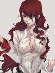  1girl bangs breasts cleavage closed_mouth collarbone collared_shirt eyebrows_visible_through_hair eyelashes grey_background hair_over_one_eye hand_up highres kirijou_mitsuru large_breasts lips long_hair long_sleeves looking_at_viewer partially_unbuttoned persona persona_3 pertex_777 red_eyes red_hair ribbed_shirt shadow shiny shiny_hair shirt sidelocks simple_background solo swept_bangs white_shirt 