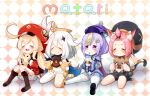  4girls :d ^_^ ^o^ ahoge animal_ears ass backpack bag bandaged_leg bandages bangs bangs_pinned_back bead_necklace beads belt black_scarf black_shorts bloomers blush boots bottle brown_footwear brown_gloves brown_scarf cabbie_hat cape cat_ears cat_girl cat_tail checkered checkered_background chibi chinese_clothes closed_eyes clover_print coat coin_hair_ornament commentary_request detached_sleeves diona_(genshin_impact) dodoco_(genshin_impact) doll doughnut dress drinking drinking_straw drinking_straw_in_mouth earrings eyebrows_visible_through_hair food food_on_face forehead genshin_impact gloves hair_between_eyes hair_ornament hair_ribbon hat hat_feather hat_ornament holding holding_bottle holding_doll holding_food jewelry jiangshi klee_(genshin_impact) knee_boots kneehighs knees_together_feet_apart light_brown_hair long_hair long_sleeves looking_at_viewer low_ponytail low_twintails mechanical_halo milk milk_bottle mitsubasa_miu multiple_girls navel necklace ofuda open_mouth orb paimon_(genshin_impact) paw_print pink_hair pointy_ears puffy_detached_sleeves puffy_shorts puffy_sleeves purple_eyes purple_hair qing_guanmao qiqi_(genshin_impact) randoseru red_coat red_headwear ribbon scarf short_hair shorts sidelocks simple_background sitting smile stuffed_animal stuffed_toy tail taiyaki thighhighs twintails underwear vision_(genshin_impact) wagashi wariza white_dress white_footwear white_gloves white_hair white_legwear yin_yang yin_yang_orb zettai_ryouiki 