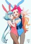  2girls :d animal_ears blue_background blue_eyes blue_hair blue_jacket blue_leotard blush braid braided_bangs breasts brown_legwear cleavage copyright_request gradient_hair grey_legwear highres hug jacket leotard long_hair long_sleeves looking_at_viewer multicolored_hair multiple_girls open_clothes open_jacket open_mouth osame pantyhose parted_lips pink_eyes pink_hair playboy_bunny rabbit_ears red_leotard simple_background small_breasts smile standing strapless strapless_leotard very_long_hair 