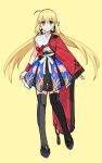  1girl ahoge alternate_costume appleale19 artoria_pendragon_(caster)_(fate) artoria_pendragon_(fate) bangs blonde_hair cosplay costume_switch emiya_shirou eyebrows_visible_through_hair fate/grand_order fate_(series) floral_print full_body green_eyes japanese_clothes looking_at_viewer senji_muramasa_(fate) senji_muramasa_(fate)_(cosplay) simple_background skirt smile solo thighhighs twintails wide_sleeves wristband yellow_background 