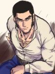  1boy bara beard belt black_hair blue_pants breasts chest_hair chikichan cleavage closed_mouth collarbone facial_hair golden_kamuy hairy highres large_pectorals long_sideburns long_sleeves looking_at_viewer male_focus muscular muscular_male pants pectorals shirt short_hair sideburns simple_background sitting solo stubble tanigaki_genjirou thick_eyebrows tight tight_shirt very_short_hair white_shirt 