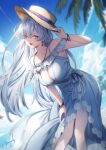  1girl anastasia_(fate) anastasia_(swimsuit_archer)_(fate) arm_up bangs bare_shoulders blue_dress blue_sky blurry blurry_background bracelet breasts brown_headwear cleavage cloud commentary_request day depth_of_field dress earrings eyebrows_visible_through_hair fate/grand_order fate_(series) genyaky grey_eyes hair_ornament hand_on_headwear hand_on_own_thigh hat highres jewelry large_breasts leaning_forward light_particles long_hair looking_at_viewer necklace open_mouth outdoors palm_tree silver_hair sky solo star_(symbol) star_hair_ornament sun_hat tree very_long_hair 