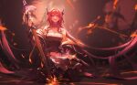  1girl arknights belt black_belt black_dress chest_strap demon_girl demon_horns dress hair_intakes highres horns infection_monitor_(arknights) looking_at_viewer molten_rock purple_eyes red_hair red_lips rhodes_island_logo seiza sitting solo surtr_(arknights) sword weapon wushier 