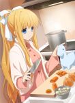  1girl air artist_request blonde_hair blue_eyes carrot commentary_request cutting_board hair_ribbon highres kamio_misuzu kitchen knife long_hair onion pajamas pink_pajamas ponytail pot ribbon solo stuffed_dinosaur 