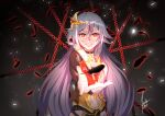  1girl bangs chain chinese_clothes feathers fu_hua fu_hua_(herrscher_of_sentience) gloves glowing grey_hair grin hair_between_eyes hair_ornament highres holding honkai_(series) honkai_impact_3rd judy_alter long_hair looking_at_viewer multicolored_hair open_mouth outstretched_arm red_eyes smile solo streaked_hair teeth white_gloves 