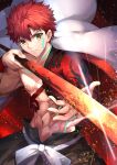  1boy abs cape embers emiya_shirou expressionless fate/grand_order fate_(series) glint glowing glowing_weapon herigaru_(fvgyvr000) highres holding holding_sword holding_weapon igote looking_at_viewer male_focus red_hair senji_muramasa_(fate) solo sword tattoo toned toned_male upper_body weapon white_cape wristband yellow_eyes 