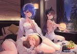  3girls azumi_akitake azur_lane backless_outfit black_bag blonde_hair blue_hair breasts brown_hair chapayev_(azur_lane) chapayev_(white_cavalier&#039;s_respite)_(azur_lane) cleavage closed_eyes dress finger_to_mouth grozny_(azur_lane) indoors lace-trimmed_dress lace_hairband lace_trim lamp lap_pillow large_breasts long_hair looking_at_viewer medium_hair multiple_girls off_shoulder official_alternate_costume on_bed pamiat_merkuria_(azur_lane) purple_eyes sideboob sitting sitting_on_bed sleeping white_neckwear white_nightgown 