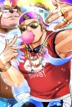  2boys ashigara_(tokyo_houkago_summoners) backwards_hat bara bear brown_hair chain_necklace chewing_gum chikichan facial_hair ghost gunzo_(tokyo_houkago_summoners) hat highres jewelry male_focus multiple_boys muscular muscular_male rapping ring short_hair sideburns stubble sunglasses thick_eyebrows tokyo_houkago_summoners 