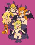  &gt;_&lt; 4girls :q \m/ alternate_costume azusa_(cookie) bandeau bangs black_bra black_legwear black_panties blonde_hair blue_bow bow bra braid breasts bright_pupils brown_eyes charmander closed_mouth commentary cookie_(touhou) curled_horns demon_girl demon_horns demon_wings fang full_body green_eyes hair_between_eyes hair_bow highres horns jack-o&#039;-lantern kirisame_marisa large_breasts long_hair looking_at_viewer mars_(cookie) multiple_girls one_eye_closed open_mouth orange_hair panties pokemon pumpkin red_eyes red_star rei_(cookie) scotch_(cookie) side_braid simple_background single_braid small_breasts smile squatting star_(symbol) thighhighs tongue tongue_out touhou underwear uzuki_(cookie) white_bow white_pupils wings yellow_eyes 