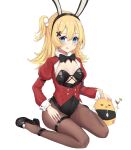  1girl :q abercrombie_(azur_lane) abercrombie_(mischief_on_the_rocks)_(azur_lane) absurdres animal_ears azur_lane bangs bird black_footwear black_leotard blonde_hair blue_eyes bow bowtie breasts chick cleavage commentary_request eyebrows_visible_through_hair fake_animal_ears hair_between_eyes hair_bobbles hair_ornament hairband high_heels highres kuyouml leotard long_hair long_sleeves looking_at_viewer manjuu_(azur_lane) one_side_up playboy_bunny rabbit_ears sidelocks simple_background sitting strapless strapless_leotard tongue tongue_out wariza white_background wrist_cuffs x_hair_ornament 
