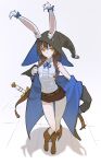  1girl animal_ears belt boots braid breasts brown_hair coat frills hat highres hks_(timbougami) original rabbit_ears sheath sheathed shorts solo sword twin_braids weapon witch_hat yellow_eyes 