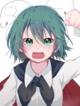  1girl =3 annoyed antennae bangs black_cape blush breasts cape collared_shirt commentary_request eyebrows_visible_through_hair green_eyes green_hair hair_between_eyes highres looking_at_viewer open_mouth red_cape shirt short_hair simple_background small_breasts snow_to_you solo touhou two-sided_cape two-sided_fabric upper_body white_background white_shirt wriggle_nightbug 