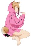  animal_ears artist_name bare_legs barefoot dog_ears dog_tail hood hood_up hooded_jacket jacket light_brown_hair mattaku_mousuke original paw_print paw_print_pattern pink_jacket sitting solo tail watermark white_background 