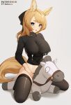  1girl :d animal_ear_fluff animal_ears arknights arm_under_breasts artist_name bangs black_bow black_legwear black_sweater blonde_hair blue_eyes blush bottomless bow breasts ett eyebrows_visible_through_hair hair_bow highres horse_ears horse_girl horse_tail impossible_clothes impossible_sweater lactation lactation_through_clothes large_breasts long_hair long_sleeves navel o_o open_mouth ponytail skindentation smile solo straddling stuffed_horse sweat sweater swept_bangs tail thighhighs whislash_(arknights) 