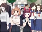  alternate_costume animal_ears bag balladeluce blurry blurry_background brown_eyes brown_hair casual commentary_request handbag hands_clasped headband highres horse_ears horse_girl looking_at_viewer multiple_boys multiple_girls nishino_flower_(umamusume) own_hands_together school_uniform short_hair tree umamusume yukino_bijin_(umamusume) 