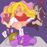  1boy 2girls @_@ alternate_costume ass bangs bed black_gloves black_hair black_legwear blanket blonde_hair bow breasts closed_eyes closed_mouth commentary_request cookie_(touhou) demon_girl demon_wings dreaming elbow_gloves fang full_body genderswap genderswap_(ftm) gloves green_eyes hair_between_eyes hair_bow hakurei_reimu heart hetero high_heels highres kirisame_marisa large_breasts long_hair looking_at_viewer mars_(cookie) multiple_girls open_mouth otoko_no_ko partially_fingerless_gloves pillow pointy_ears red_bow red_scarf rei_(cookie) sananana_(cookie) scarf scotch_(cookie) sleeping thighhighs touhou wings wrist_grab yellow_eyes 