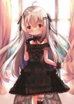  1girl ahoge black_bow black_dress blush bow closed_mouth commentary curtains dress fujiwarahatsune hair_bow highres indie_virtual_youtuber indoors long_hair looking_at_viewer painttool_sai_(medium) purple_eyes purple_hair shanoa_(vtuber) smile solo thigh_strap two_side_up very_long_hair virtual_youtuber white_hair window 
