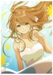  1girl air_bubble blurry blurry_foreground brown_hair bubble closed_mouth dress floating_hair highres kawai_makoto looking_at_viewer original smile solo underwater upper_body white_dress yellow_eyes 