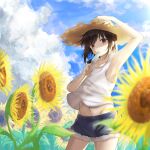 1girl black_hair brown_eyes cloud cloudy_sky flower food groin hand_on_headwear hat highres lanthan original outdoors popsicle short_shorts shorts sky solo straw_hat summer sunflower 